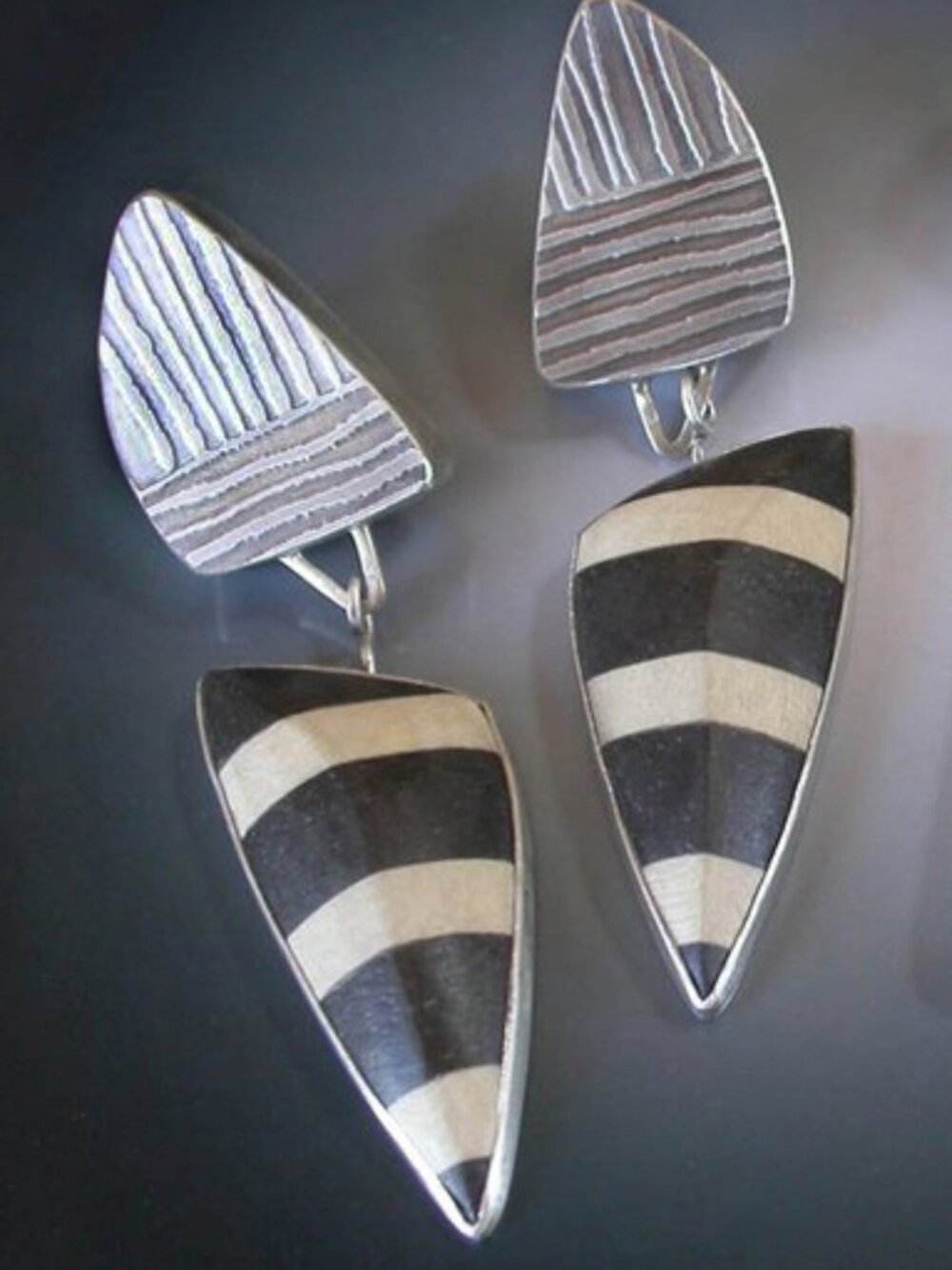 Sterling Silver 925 Hollow Form and Laminated Wood Post Earrings by Carla M. Fox
